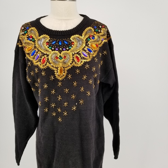 Vintage womens sweater gold sequins black Small - Picture 2 of 7